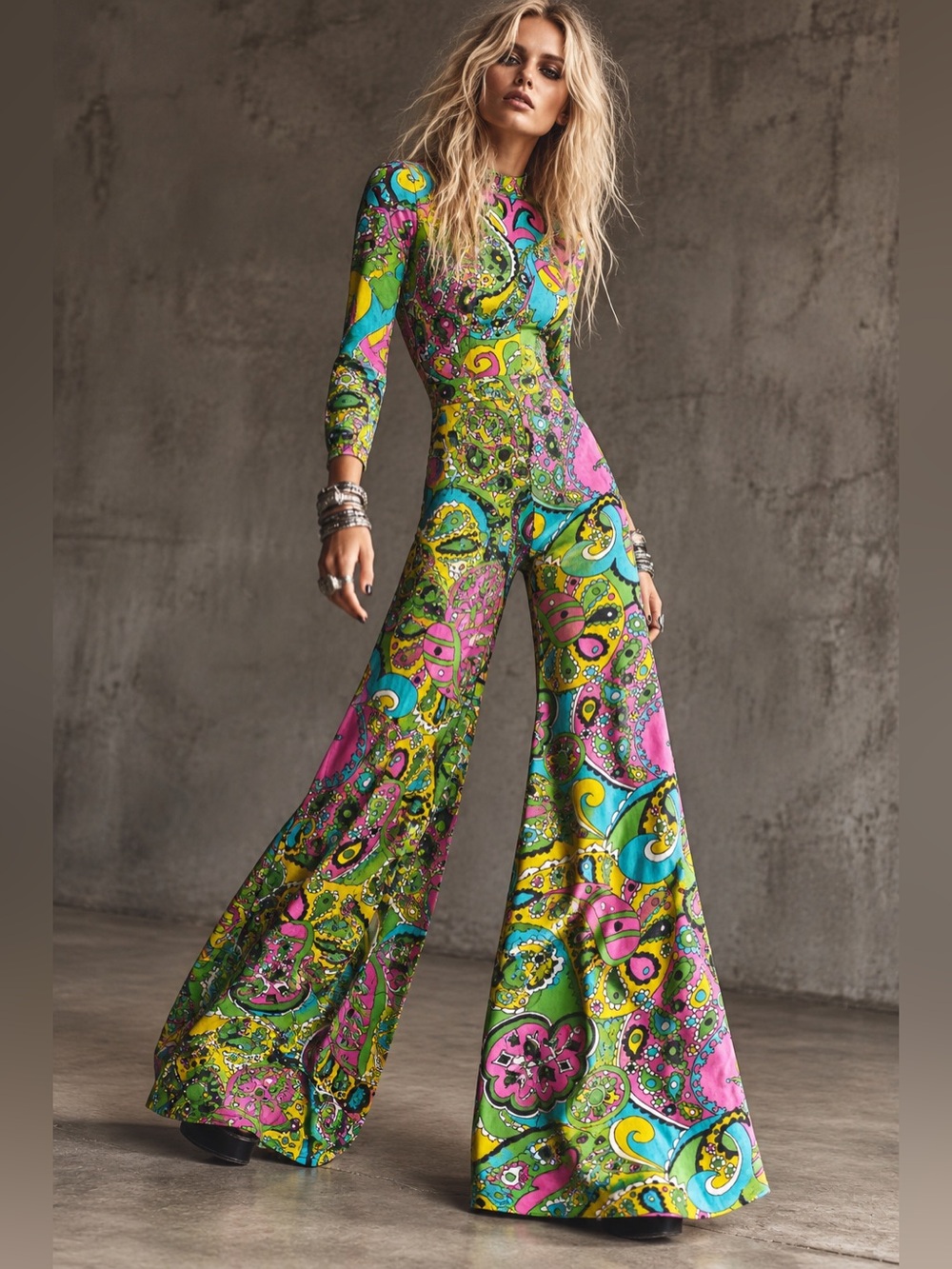 Vintage Handmade 60s 70s Psychedelic Paisley Wide Leg Jumpsuit One of a Kind